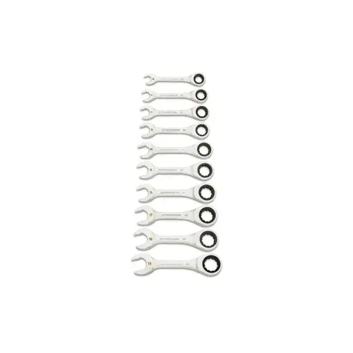 10 Piece 90-Tooth 12 Point Metric Stubby Ratcheting Combination Wrench Set 10 Piece 90-Tooth 12 Point Metric Stubby Ratcheting Combination Wrench Set