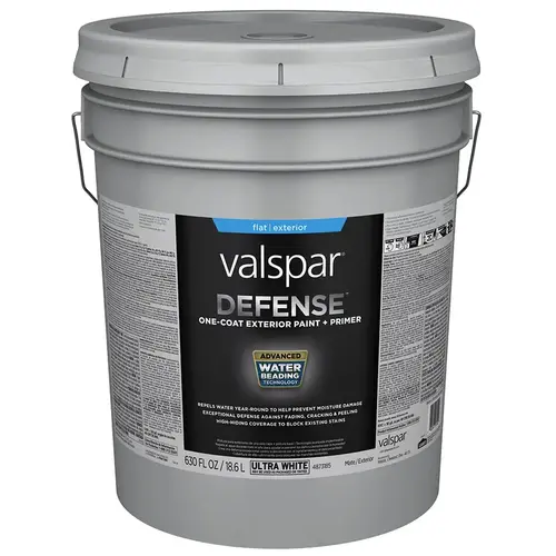 Valspar Defense Flat Ultra White Tintable Latex Exterior Paint + Primer, 5-Gallon Valspar Defense Flat Ultra White Tintable Latex Exterior Paint + Primer, 5-Gallon