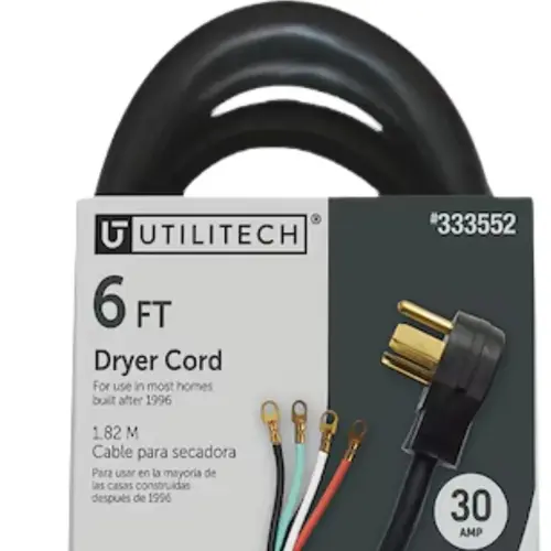 Utilitech 6-ft 30 -Amp 4 -Prong Black Dryer Appliance Power Cord Utilitech 6-ft 30 -Amp 4 -Prong Black Dryer Appliance Power Cord
