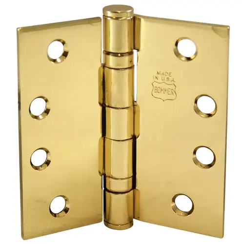 Ball Bearing Five Knuckle Architectural Grade Hinge with Button Tips, Standard Steel Full Mortis, 4-1/2 In. by 4-1/2 In. Bright Brass