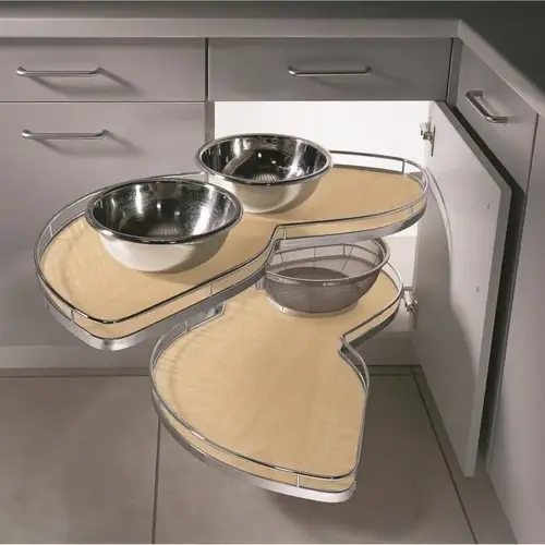 LeMans II Shelf Set For Blind Corner Cabinets, Melamine and Steel Material, 18" Tray Size, Right Swing Without Soft-Closing, Chrome and Maple Finish LeMans II Shelf Set For Blind Corner Cabinets, Melamine and Steel Material, 18" Tray Size, Right Swing Without Soft-Closing, Chrome and Maple Finish