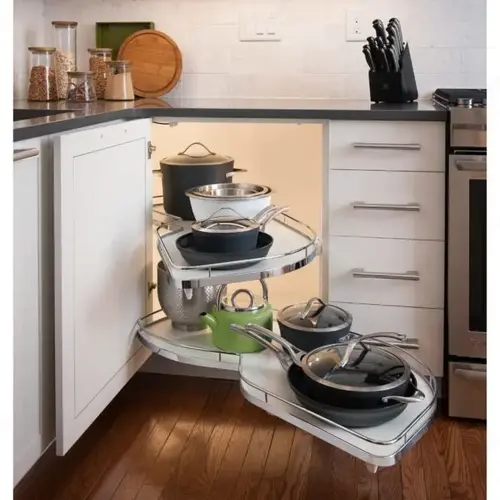 LeMans II Shelf Set For Blind Corner Cabinets, Melamine and Steel Material, 18" Tray Size, Right Swing Without Soft-Closing, Chrome and White Finish LeMans II Shelf Set For Blind Corner Cabinets, Melamine and Steel Material, 18" Tray Size, Right Swing Without Soft-Closing, Chrome and White Finish
