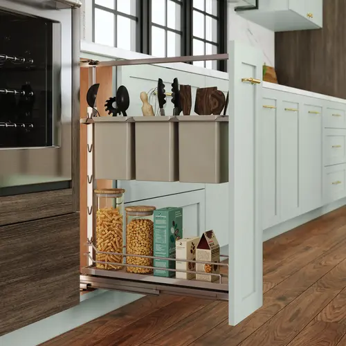 Base Pull-Out Frame, Dispensa, Steel Material, 3-3/4" Width, 5 Tray Positions, 26-3/8" To 32" Installation Height, Champagne Finish Base Pull-Out Frame, Dispensa, Steel Material, 3-3/4" Width, 5 Tray Positions, 26-3/8" To 32" Installation Height, Champagne Finish