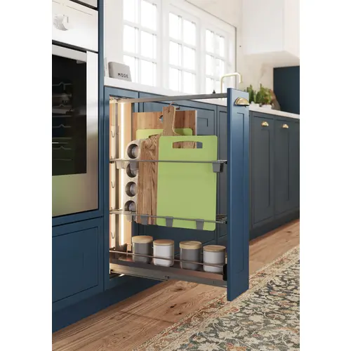Base Pull-Out Frame, Dispensa, Steel Material, 3-3/4" Width, 22-1/2" Depth, 5 Tray Positions, Silver Finish Base Pull-Out Frame, Dispensa, Steel Material, 3-3/4" Width, 22-1/2" Depth, 5 Tray Positions, Silver Finish
