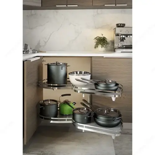 LeMans II Shelf Set For Blind Corner Cabinets, Melamine and Steel Material, Without Soft-Closing, Left Swing, Chrome and Anthracite Finish LeMans II Shelf Set For Blind Corner Cabinets, Melamine and Steel Material, Without Soft-Closing, Left Swing, Chrome and Anthracite Finish