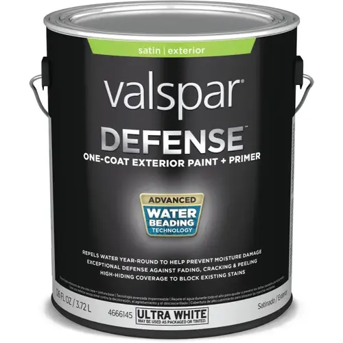 Valspar Defense Satin Ultra White Tintable Latex Exterior Paint + Primer, 1-Gallon Valspar Defense Satin Ultra White Tintable Latex Exterior Paint + Primer, 1-Gallon