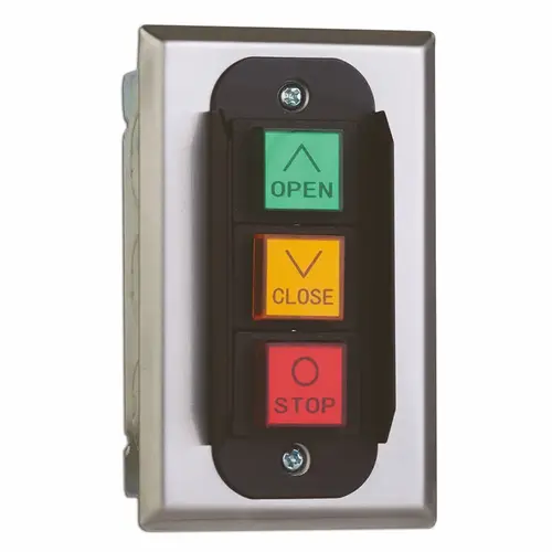 Push Button Control Station, Interior Use, 3 Button, Open/Close/Stop, NEMA 1, 3 AMP @ 250V AC, Flush or Surface Mount, Stainless Faceplate Push Button Control Station, Interior Use, 3 Button, Open/Close/Stop, NEMA 1, 3 AMP @ 250V AC, Flush or Surface Mount, Stainless Faceplate
