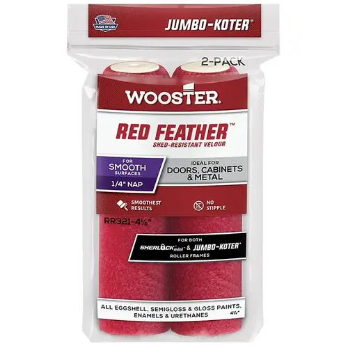 Wooster RED FEATHER Series Roller Cover, 1/4 in Thick Nap, 4-1/2 in L, Velour Fabric Cover Wooster RED FEATHER Series Roller Cover, 1/4 in Thick Nap, 4-1/2 in L, Velour Fabric Cover