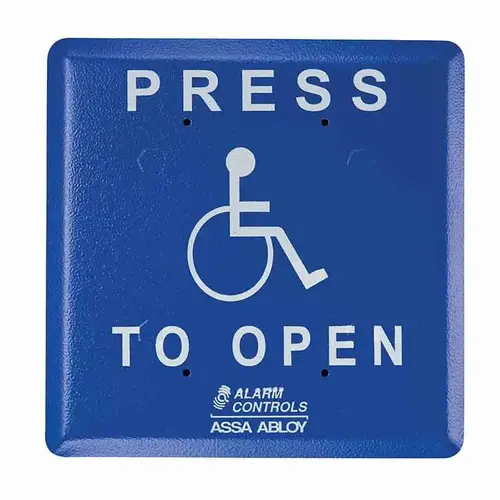 Push Plate, 5-1/2" Square, ADA Logo "PRESS TO OPEN", Pneumatic Time Delay, Blue Push Plate, 5-1/2" Square, ADA Logo "PRESS TO OPEN", Pneumatic Time Delay, Blue