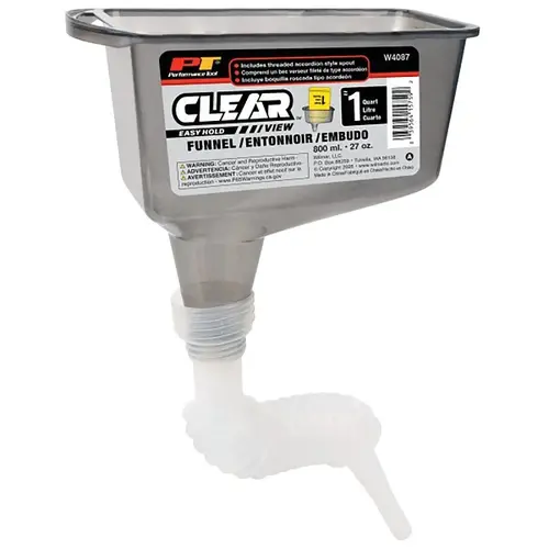 Performance Tool Clear View Series Funnel With Flexible Spout, 1 qt Capacity, Polypropylene, Clear Performance Tool Clear View Series Funnel With Flexible Spout, 1 qt Capacity, Polypropylene, Clear