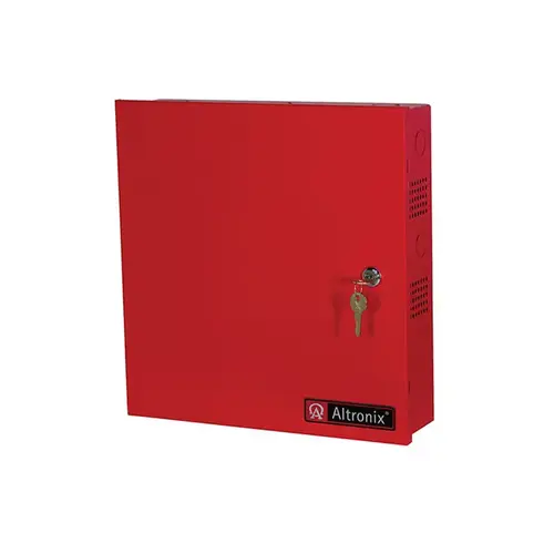 Power Supply with Fire Alarm Disconnect, Input 115VAC 60Hz at 3.5A, 5 PTC Outputs, 12/24VDC at 2.5A, Red Enclosure Power Supply with Fire Alarm Disconnect, Input 115VAC 60Hz at 3.5A, 5 PTC Outputs, 12/24VDC at 2.5A, Red Enclosure