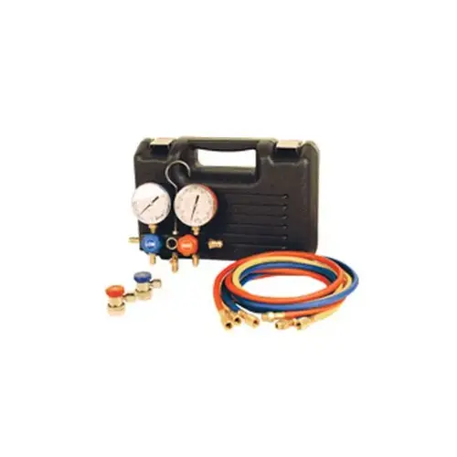R-134a heavy duty gauge set with 10 ft red and blue hoses, 8 ft yellow hose and 80mm R-134a heavy duty gauge set with 10 ft red and blue hoses, 8 ft yellow hose and 80mm