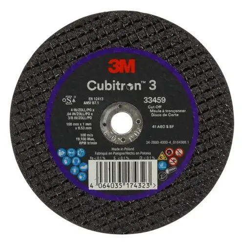 3M Cubitron 3 Cut-Off Wheel 33459 100 mm x 1 mm x 9.53 mm 5 Wheels/PK 6 PK/CS 3M Cubitron 3 Cut-Off Wheel 33459 100 mm x 1 mm x 9.53 mm 5 Wheels/PK 6 PK/CS