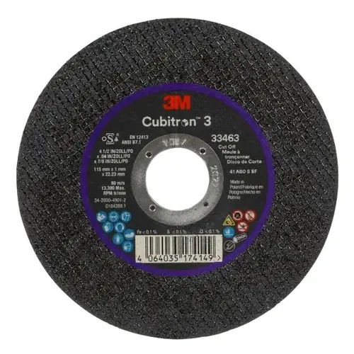 3M Cubitron 3 Cut-Off Wheel 33463 115 mm x 1 mm x 22.23 mm 5 Wheels/PK 6 PK/CS 3M Cubitron 3 Cut-Off Wheel 33463 115 mm x 1 mm x 22.23 mm 5 Wheels/PK 6 PK/CS
