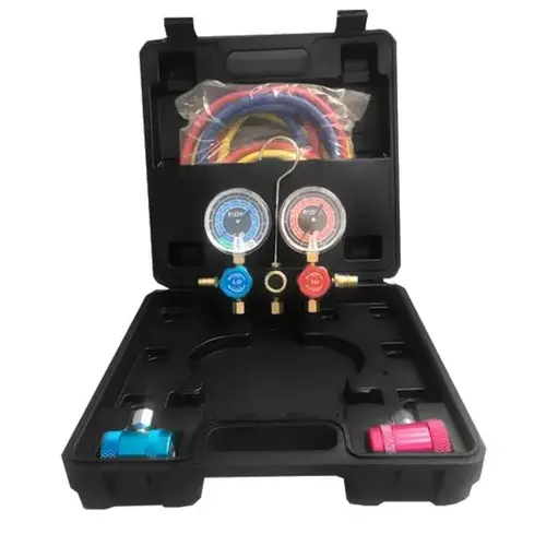 R-1234yf aluminum manifold gauge set with 72" hoses - manual couplers in a plast R-1234yf aluminum manifold gauge set with 72" hoses - manual couplers in a plast