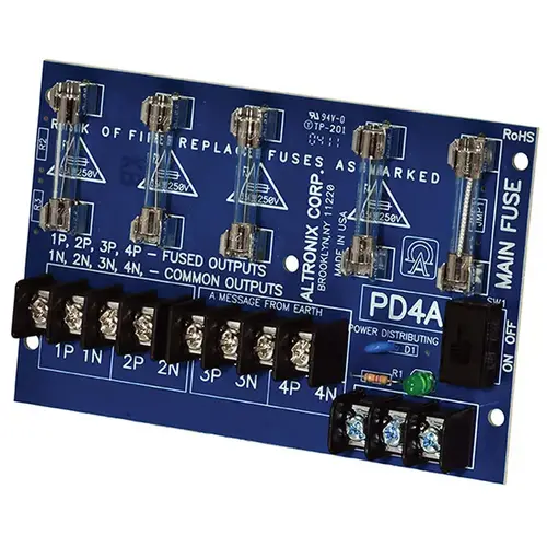 Power Distribution Module, 12/24VDC up to 10A Input, 4 Fused Outputs up to 28VAC/DC Power Distribution Module, 12/24VDC up to 10A Input, 4 Fused Outputs up to 28VAC/DC