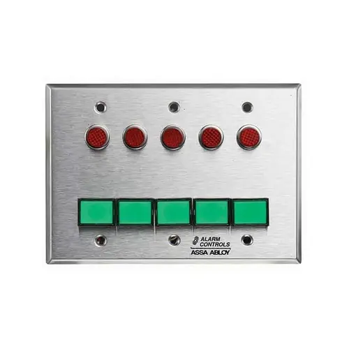 Monitoring/Control Station, Triple Gang, Momentary, 5 Green Pushbuttons, 12VDC, 5 Red LEDs, Satin Stainless Steel