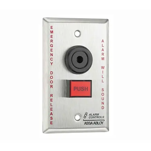 Pushbutton with Buzzer, "EMERGENCY DOOR RELEASE", "ALARM WILL SOUND", Single Gang, Satin Stainless Steel Pushbutton with Buzzer, "EMERGENCY DOOR RELEASE", "ALARM WILL SOUND", Single Gang, Satin Stainless Steel