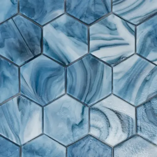 3-5/8" Oceania Hex Border Glass Tile, Kiribati Blue/White 3-5/8" Oceania Hex Border Glass Tile, Kiribati Blue/White