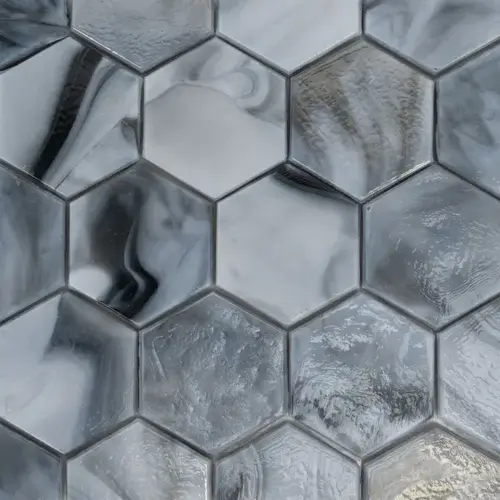 4-5/8" Oceania Hex Border Glass Tile, Tuvalu Gray 4-5/8" Oceania Hex Border Glass Tile, Tuvalu Gray