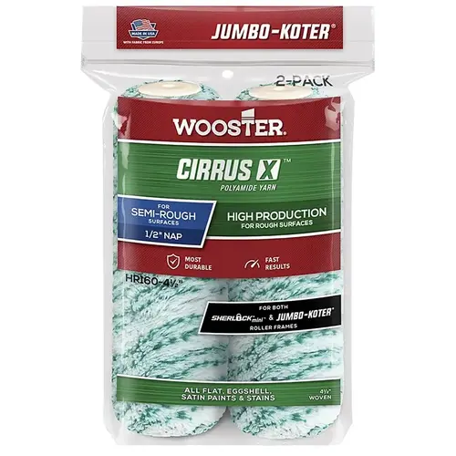 Wooster CIRRUS X Series Roller Cover, 1/2 in Thick Nap, 4-1/2 in L, European Polyamide Fabric/Woven Cover Wooster CIRRUS X Series Roller Cover, 1/2 in Thick Nap, 4-1/2 in L, European Polyamide Fabric/Woven Cover
