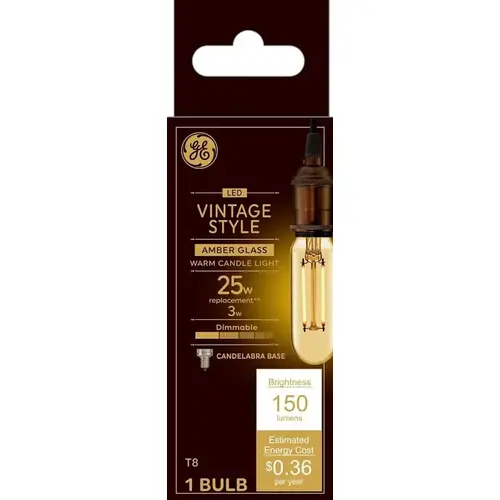 GE Light Bulb, Decorative, T8 Lamp, 25 W Equivalent, E12 Candelabra Lamp Base, Dimmable, Amber GE Light Bulb, Decorative, T8 Lamp, 25 W Equivalent, E12 Candelabra Lamp Base, Dimmable, Amber