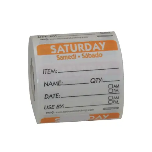 TRILINGUAL DISSOLVABLE LABELS SATURDAY 2X2 ITEM-DATE-USE BY Orange TRILINGUAL DISSOLVABLE LABELS SATURDAY 2X2 ITEM-DATE-USE BY Orange
