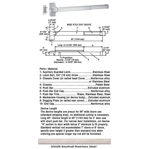 Grade 1 Fire Rated Push Bar Rim Panic Exit Device US32D Finish 48" Satin Stainless Steel Grade 1 Fire Rated Push Bar Rim Panic Exit Device US32D Finish 48" Satin Stainless Steel
