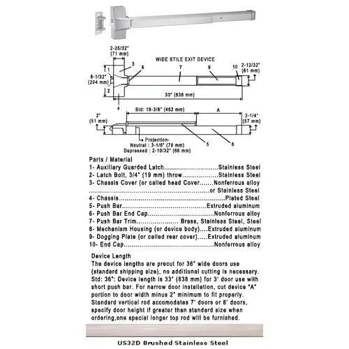 International Door Closers 8610F/8810F-US32D-36 Grade 1 Fire Rated Push Bar Rim Panic Exit Device US32D Finish 36" Satin Stainless Steel Grade 1 Fire Rated Push Bar Rim Panic Exit Device US32D Finish 36" Satin Stainless Steel