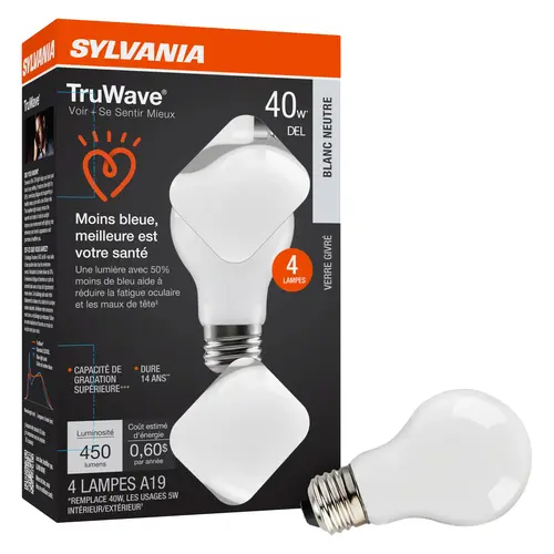 LED Bulb, Soft Glass Material, 5 Watts Power, A19 Lamp Type, 3500K Color Temperature, Frosted Finish, Pack Of 4 LED Bulb, Soft Glass Material, 5 Watts Power, A19 Lamp Type, 3500K Color Temperature, Frosted Finish, Pack Of 4
