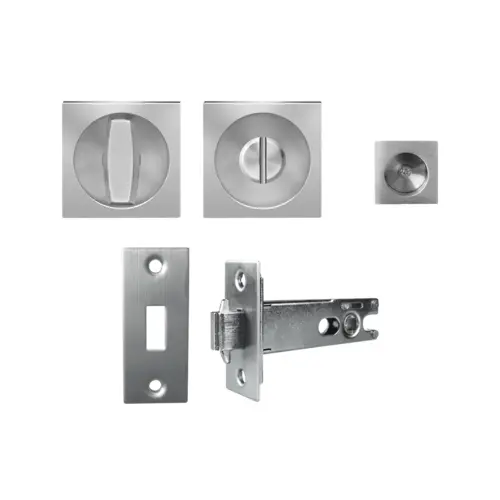 Pocket door set for pre-bored door satin stainless steel Pocket door set for pre-bored door satin stainless steel