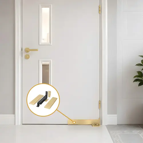 Spring Hinge, Double Action w/ Solid Brass Cover Plates in Brushed Brass Spring Hinge, Double Action w/ Solid Brass Cover Plates in Brushed Brass