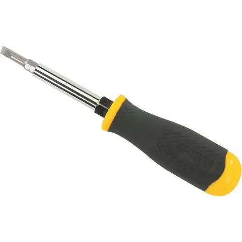 6-Way Screwdriver Chrome Shank, Gray Bits, Black, Yellow Handle 6-Way Screwdriver Chrome Shank, Gray Bits, Black, Yellow Handle