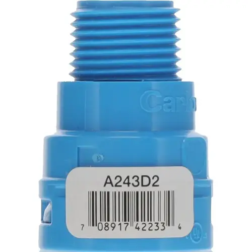 Carlon ENT Adapter, 1/2 in MPT x NPT, 1.27 in Dia, 1.79 in L, Polycarbonate, Blue Carlon ENT Adapter, 1/2 in MPT x NPT, 1.27 in Dia, 1.79 in L, Polycarbonate, Blue