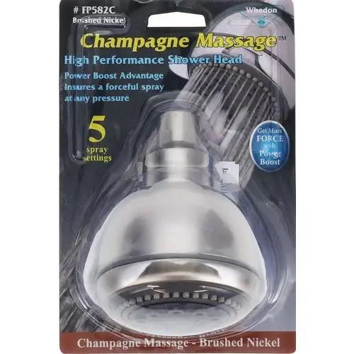 Whedon Showerhead, 2 gpm, 1/2 in Connection, 5 -Spray Function, Plastic, Brushed Nickel, 3-1/2 in L, 5.1 in W Whedon Showerhead, 2 gpm, 1/2 in Connection, 5 -Spray Function, Plastic, Brushed Nickel, 3-1/2 in L, 5.1 in W