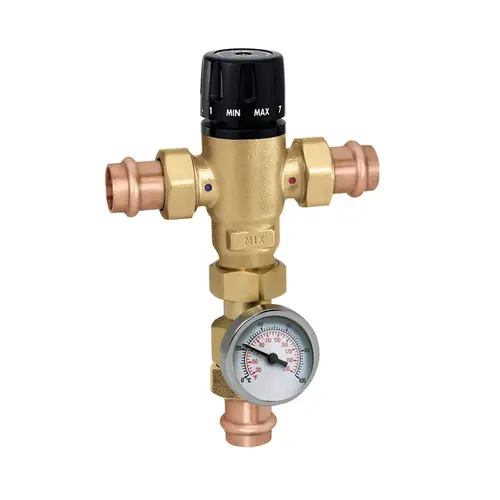 Mixcal 3 Way Thermostatic Mixing Valve 3/4" Press W/Temp Gauge 85-150F Mixcal 3 Way Thermostatic Mixing Valve 3/4" Press W/Temp Gauge 85-150F