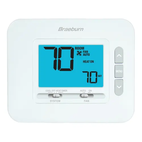 24V Braeburn Economy Series Non Programmable for Conventional or Heat Pump up to 2 Stages Heat 1 Stage Cool with 4.4 sq in Display Installer Lockout and Adjustable Temp Limits Replaces 1220 24V Braeburn Economy Series Non Programmable for Conventional or Heat Pump up to 2 Stages Heat 1 Stage Cool with 4.4 sq in Display Installer Lockout and Adjustable Temp Limits Replaces 1220