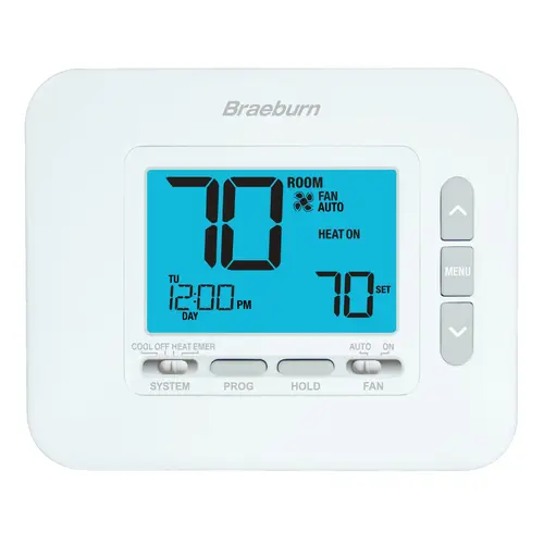 24V/Millivolt Braeburn Economy Series 7 Day 5-2 Day or Non-Programmable for Conventional or Heat Pump up to 2 Stages Heat and 1 Stage Cool with 4.4 sq in Display Installer Lockout and Adjustable Temp 24V/Millivolt Braeburn Economy Series 7 Day 5-2 Day or Non-Programmable for Conventional or Heat Pump up to 2 Stages Heat and 1 Stage Cool with 4.4 sq in Display Installer Lockout and Adjustable Temp
