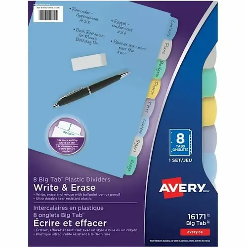 Big Tab Write & Erase Plastic Dividers - pack of 8 Big Tab Write & Erase Plastic Dividers - pack of 8