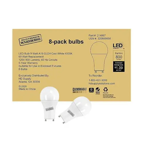 60-Watt Eq A19 GU24 Base Dimmable T20 LED Light Bulb 4000k Cool White - pack of 8 60-Watt Eq A19 GU24 Base Dimmable T20 LED Light Bulb 4000k Cool White - pack of 8