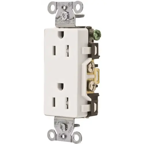 15 Amp Hubbell Commercial Grade Tamper Resistant Decorator Duplex Receptacle, White 15 Amp Hubbell Commercial Grade Tamper Resistant Decorator Duplex Receptacle, White