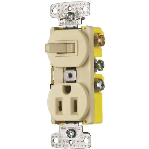 Combination Wall Switch & Receptacles; Combination Switch/Receptacle Type: Combination Outlet & Switch ; Color: Ivory ; Number of Outlets: 1 ; Number of Switches: 1 ; Number of Lights: 0 ; NEMA Configuration: 5-15R Combination Wall Switch & Receptacles; Combination Switch/Receptacle Type: Combination Outlet & Switch ; Color: Ivory ; Number of Outlets: 1 ; Number of Switches: 1 ; Number of Lights: 0 ; NEMA Configuration: 5-15R