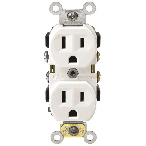 15 Amp 125-Volt Narrow Body Duplex Outlet Straight Blade Commercial Grade Self Grounding Side Wired, White 15 Amp 125-Volt Narrow Body Duplex Outlet Straight Blade Commercial Grade Self Grounding Side Wired, White