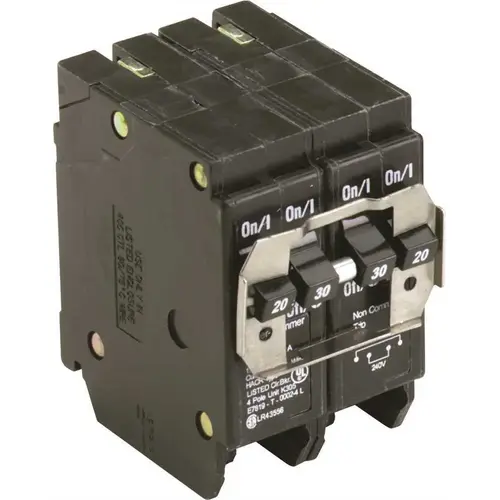 BR 1-20 Amp 2 Pole and 1-30 Amp 2 Pole BQC (Common Trip) Quad Circuit Breaker Black