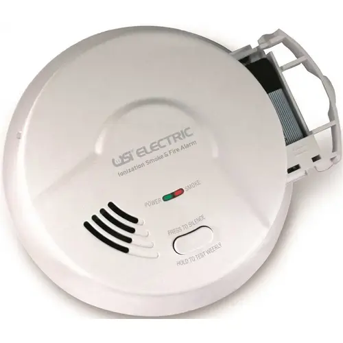 ELECTRIC DIRECT WIRE IONIZATION SMOKE AND FIRE ALARM WITH 9-VOLT BATTERY BACKUP, 120 VOLTS White ELECTRIC DIRECT WIRE IONIZATION SMOKE AND FIRE ALARM WITH 9-VOLT BATTERY BACKUP, 120 VOLTS White