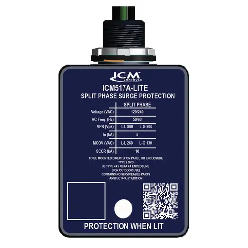 120/240 VAC Compact Single Phase Surge Suppressor Max Surge Current 60000 Amps Max Energy Dissipation 612 Joules Waterproof Enclosure Designed & Assembled in USA 120/240 VAC Compact Single Phase Surge Suppressor Max Surge Current 60000 Amps Max Energy Dissipation 612 Joules Waterproof Enclosure Designed & Assembled in USA