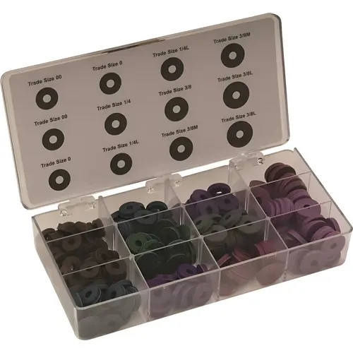 Contains 200 Assorted Washers Size 00 Through 3/8" L, Rubber Material, Faucet Repair Kit, 3.75" Width, 1.25" Height, 7.2" Depth Contains 200 Assorted Washers Size 00 Through 3/8" L, Rubber Material, Faucet Repair Kit, 3.75" Width, 1.25" Height, 7.2" Depth