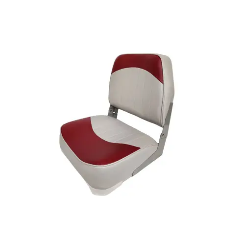 Boat Seat Low Back Fold Down, Plastic Frame Material, 19" Seat Height, Marine Grade Vinyl Upholstery, Foam Padding, Gray and Red Finish Boat Seat Low Back Fold Down, Plastic Frame Material, 19" Seat Height, Marine Grade Vinyl Upholstery, Foam Padding, Gray and Red Finish