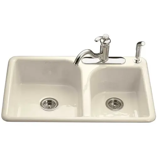 Efficiency Drop-In Cast-Iron 33 in. 4-Hole Double Bowl Kitchen Sink in Biscuit Efficiency Drop-In Cast-Iron 33 in. 4-Hole Double Bowl Kitchen Sink in Biscuit