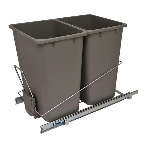 Wire Waste System, Bottom Mount Frame with Double Waste Bins Soft close ball bearing slides Holder: Steel Bin: Plastic, Holder: Chrome Bin: White